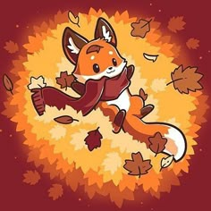 a cartoon fox is flying through the air with leaves around its neck and tail, in front of a red background