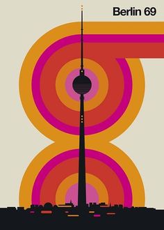 a poster with the number eight on it's front and back side, in pink, orange, yellow and red