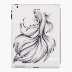 a pencil drawing of a siamese fish with long tail and large, wavy hair