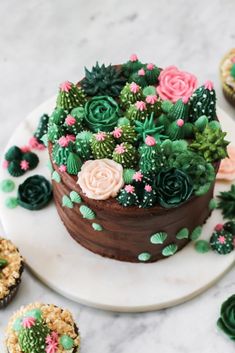 some cupcakes are decorated with green and pink flowers