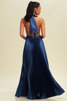 The Bella Maxi dress is a stylish and elegant piece, featuring a navy satin pleated halter design. The luxurious fabric drapes beautifully and the halter neckline adds a touch of sophistication. Perfect for formal occasions, this dress will make you feel confident and chic. Electric Blue Dress, Electric Blue Dresses, Navy Formal Dress, Miranda Dress, High Neck Prom Dress, Royal Blue Maxi Dress, Prom Dresses 2024, Maxi Dress Prom, Maxi Dress Formal