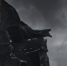 a black and white photo of a building with a dragon on it's side