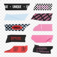 several different types of clothing labels and stickers on a transparent background png clipart