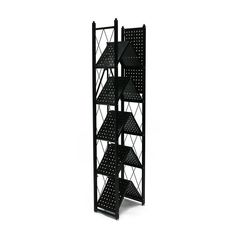 a black metal shelf with four shelves on each side