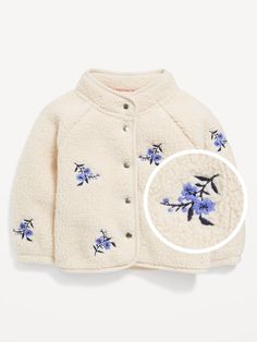 mock neck long sleeves full-length snap button all-over embroidered floral pattern relaxed fit hits below waistmachine wash according to the care instruction label Aunt Things, Vintage Baby Clothes, Pajamas Gift, Navy Baby, Baby Jacket, Button Jacket, Family Maternity, Toddler Clothes