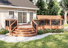 a deck with steps and railings in front of a house