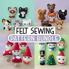 a collection of felt sewing patterns including gnomes, cats and other stuffed animals with text overlay that says felt sewing pattern bundle