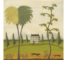 a painting of a house in the middle of a field with animals running around it