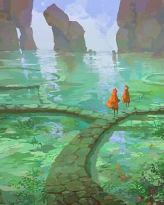 two people walking across a bridge over a river next to tall rocks and green grass