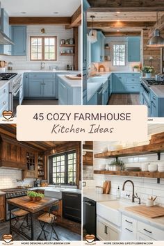 this is a collage of photos with the words cozy farmhouse kitchen ideas