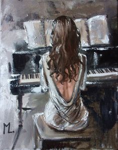 a painting of a woman sitting in front of a piano playing the music on it