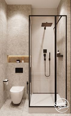 a bathroom with a shower, toilet and sink in it's center wall area