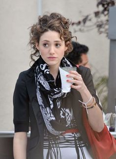 As I told Petra recently, my usual running-errands hairstyle is "brushed," so I always marvel at ladies who find ways to just toss their hair up into some sort of amazing haphazard 'do. And this one I spotted on Emmy Rossum may just be the best and loveliest example of this kind of thing I've seen in a long while. Take a look from the front: Woman With Curly Hair, Casual Updo, Wearing A Scarf, Emmy Rossum, Hair Styles 2017, Casual Hairstyles, Trending Hairstyles