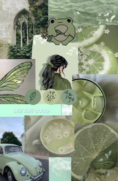 a collage with green and white pictures, including a lady in a green dress