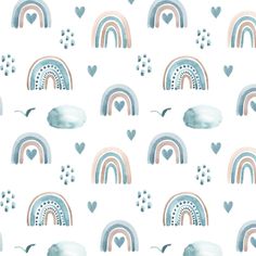 a pattern with hearts and rainbows on a white background