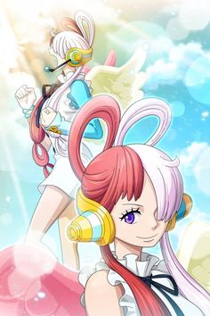 two anime characters with pink hair and blue eyes, one is holding a yellow object