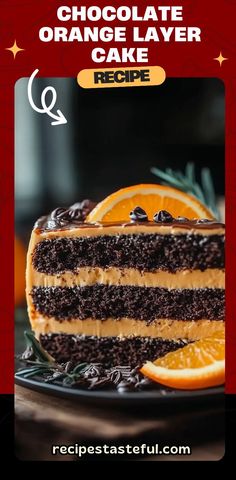 a slice of chocolate orange layer cake on a plate