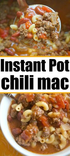 instant pot chili macaroni in a white bowl with a ladle full of soup