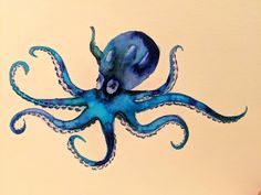 an octopus is painted on the wall with blue watercolors and it's tail curled up