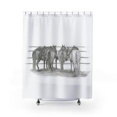 This shower curtain is here to add an original touch to your bathroom.  With a print of the graphite drawing titled "Waiting" this shower curtain will make your bathroom decor stand out! Made with highly durable polyester, this curtain stays like new for a long time to come and is a perfect printing area for your art. NB! Please note that while polyester offers adequate protection against water, a liner might be necessary for full waterproofness. .: 100% Polyester .: One-sided print .: Hooks not included .: Note: Pre-constructed item. Size variance +/- 2" Cow Hide Shower Curtain, Shower Curtain Western, Shower Curtain With Cows, Bull Shower Curtain Bathroom, Horse Shower Curtain, Decor Stand, Cowboy Horse, Shower Curtain Rings, Graphite Drawings