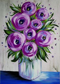 a painting of purple flowers in a white vase