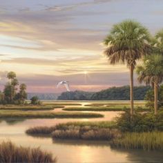 a painting of palm trees and marshland at sunset