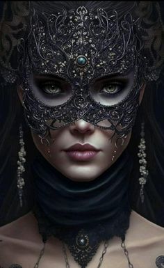 a woman wearing a black mask and jewelry