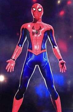 a spider man standing in front of a purple and blue background with his hands on his hips