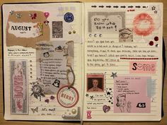 an open notebook with various pictures and words on it, along with other items from the book