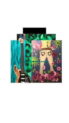 three different paintings with guitars and flowers on them, one is an image of a man in