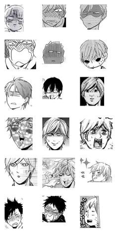 an image of some anime characters with different expressions on their faces and hair, in black and white