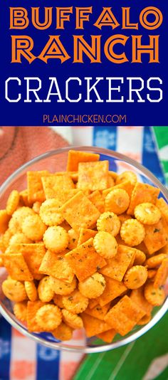 buffalo ranch crackers in a glass bowl with the title overlay reading buffalo ranch crackers