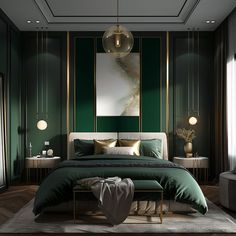 Art Deco bedroom with bold and beautiful design concepts for elegance Dark Teal Bedroom Ideas, Dark Teal Bedroom, Emerald Green Bedrooms, Green Bedroom Design, Green Bedroom Decor, Teal Bedroom, Gold Bedroom, Green Walls