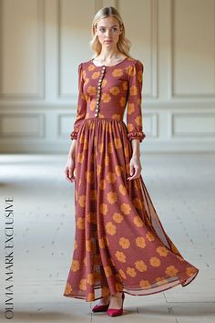 Olivia Mark - Elegant Rust Floral Midi Dress with Button Detail and Ruffled Sleeves Fitted Bohemian Maxi Dress With Buttons, Bohemian Fitted Maxi Dress With Buttons, Rich Burgundy, Exclusive Dress, Flowing Skirt, Ruffled Sleeves, Floral Midi Dress, Center Stage, Olivia Mark