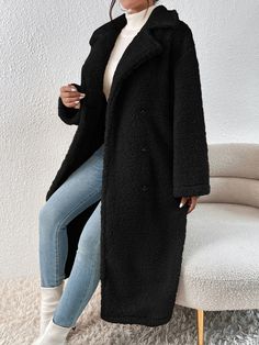 Black Casual Collar Long Sleeve Flannelette Plain Teddy Embellished Non-Stretch  Women Outerwear Black Sherpa Coat Outfit, Black Teddy Coat Outfit, Sherpa Coat Outfit, Teddy Bear Coat Outfit, Black Teddy Bear Coat, Black Teddy Coat, Teddy Coat Outfit, Wide Coat, Long Teddy Coat