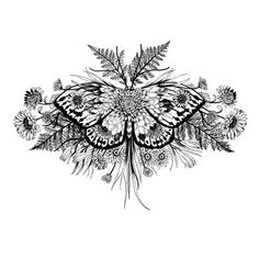 a black and white drawing of a butterfly with flowers on it's back side