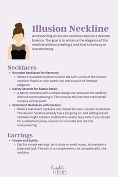 What Jewelry to Wear with Illusion Neckline - click to get the full jewelry neckline guide! Jewelry Neckline, Neckline Necklace Guide, What Jewelry To Wear, Neckline Guide, Heavy Jewellery, Jewellery Styling, Fashion Knowledge, Jewelry Guide, Necklace Guide