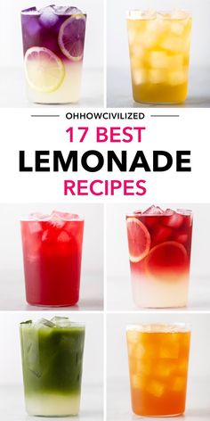 different types of lemonade in glasses with text overlay that reads 17 best lemonade recipes