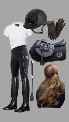 an equestrian outfit and accessories are shown in this image