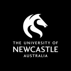 the university of newcastle australia logo is shown on a black background with white letters and a horse's head