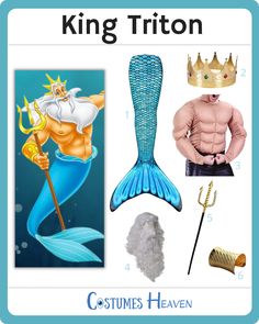 the little mermaid costume is shown with other items including a king triton hat, wig and