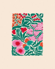 an illustration of flowers and leaves in pink, green, red and orange colors on a beige background