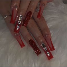 Nails Red And Silver, Red Nail Inspiration, Acrylic Nails Red, Red And Silver Nails, Silver Acrylic Nails, Long Red Nails, Prom Nails Silver, Quinceanera Nails, Red And Gold Nails