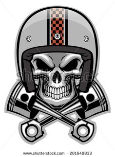 skull in motorcycle helmet with crossed wrens and checkered ribbon on the side,