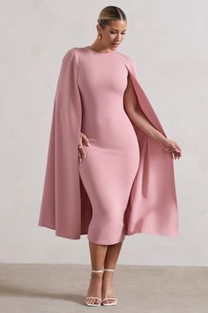 Rafaela | Blush Pink Bodycon Midi Dress With Cape Sleeves Pink Bodycon Midi Dress, Dress With Cape Sleeves, Graduation Attire, Dress With Cape, Pink Bodycon, Black Dress Prom, Midi Dress Style, Cape Sleeves, Bodycon Midi Dress