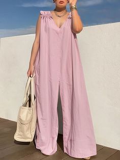 Loose Sleeveless Pleated Solid Color Zipper V-Neck Jumpsuits BLUE-XL Art Sewing, Stylish Jumpsuit, Solid Color Jumpsuits, Reindeer Headband, Leisure Fashion, Green Jumpsuit, Pink Jumpsuit, Daily Dress, Fashion Seasons