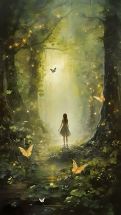 a girl standing in the middle of a forest surrounded by butterflies