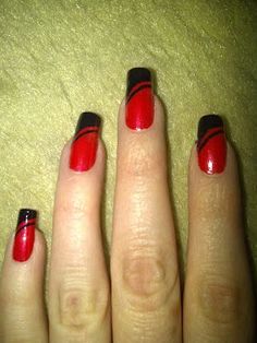 Black And Red French Nails, Red Nails With Black Design, Space Nail Art, Red Black Nails, Nail Art For Short Nails, Art For Short Nails, Sun Nails, Negative Space Nail Art, Red Nail Art Designs