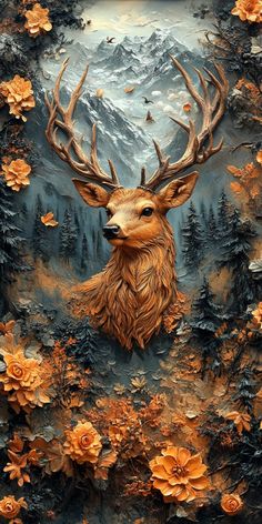 a painting of a deer with antlers and flowers on it's back ground