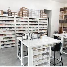 a room filled with lots of shelves and desks covered in boxes on top of them